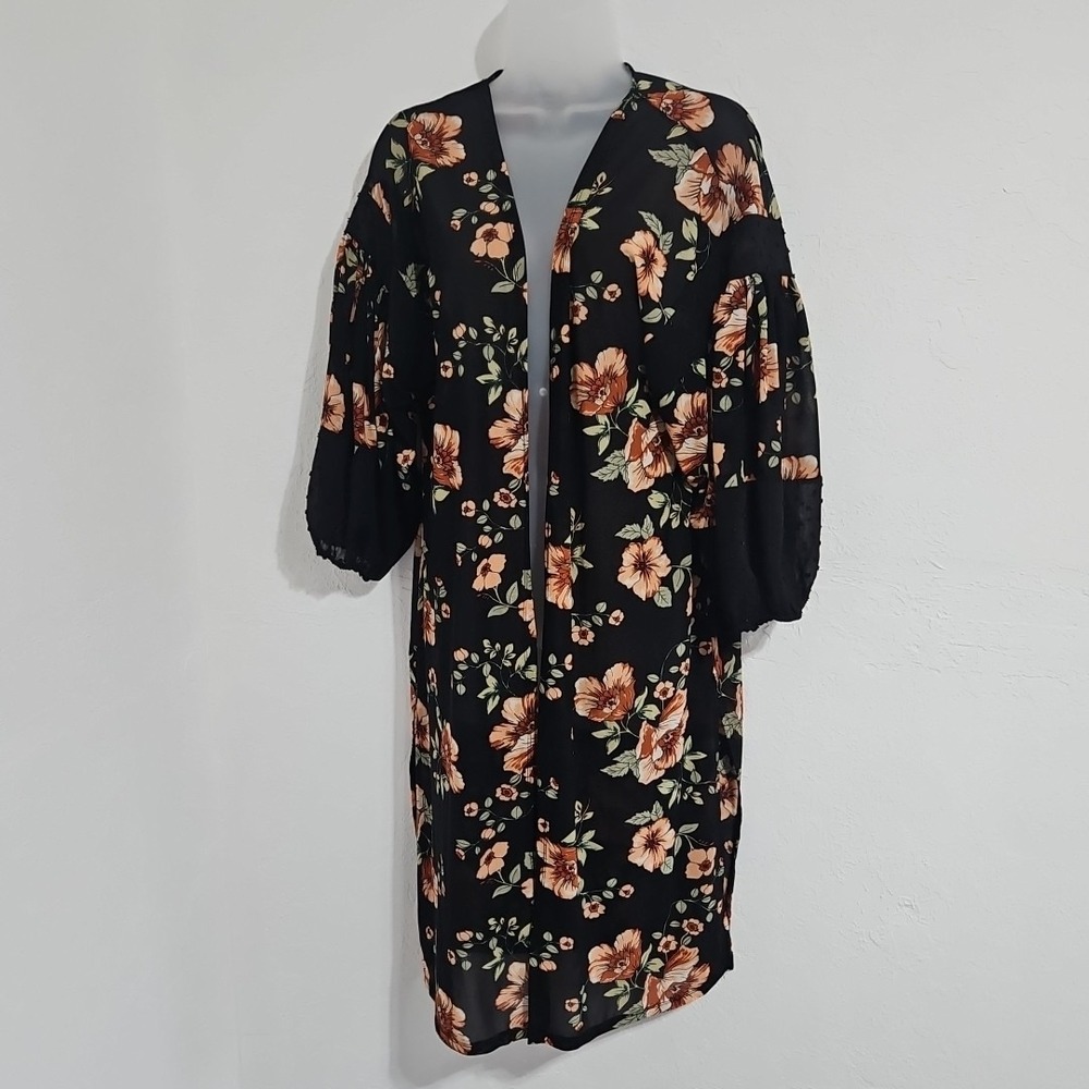 Sheer Black Floral Kimono Open Front Duster Size Lg Cottagecore Whimsigoth